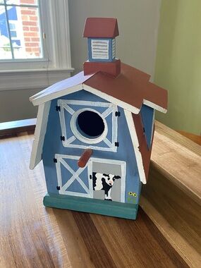 Blue Barn Birdhouse with Cute Farm Animal Details